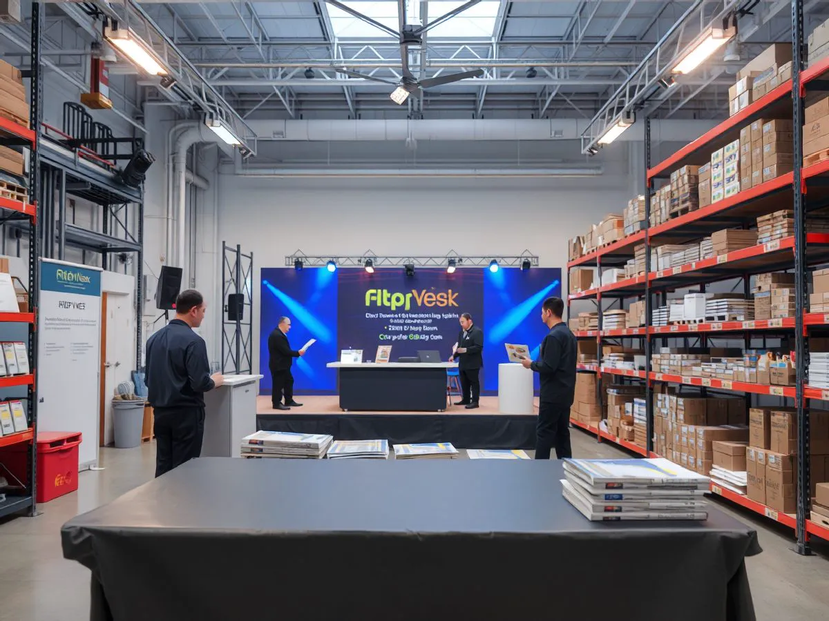 科技公司新品发布会现场布置，展示舞台背景、签到处和宣传物料