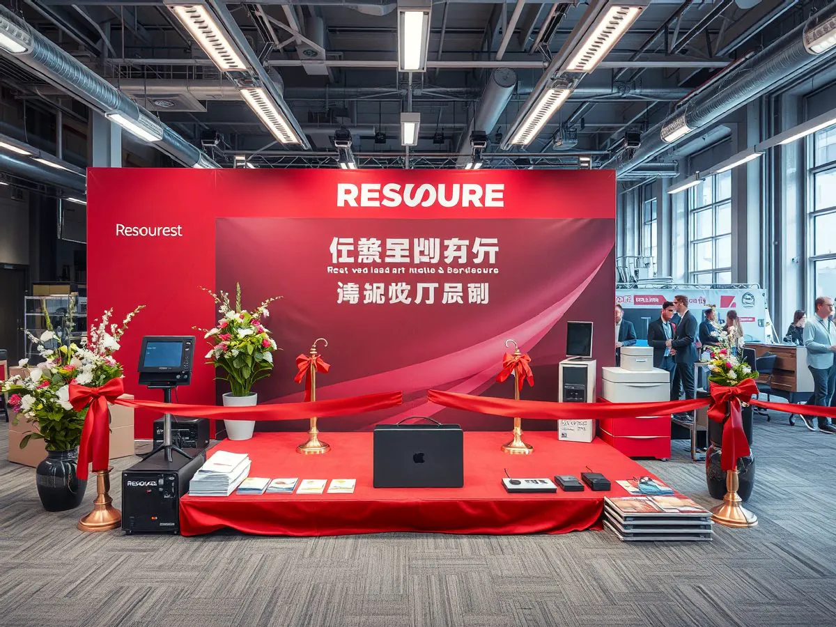 开业庆典现场舞台布置，红色绸带、品牌背景板和花卉装饰