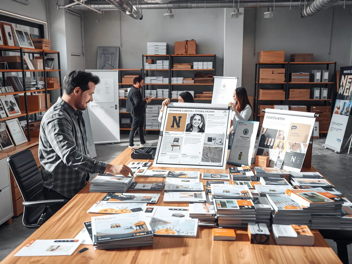 业丰宣传物料制作服务展示：各类印刷成品与设计工作场景